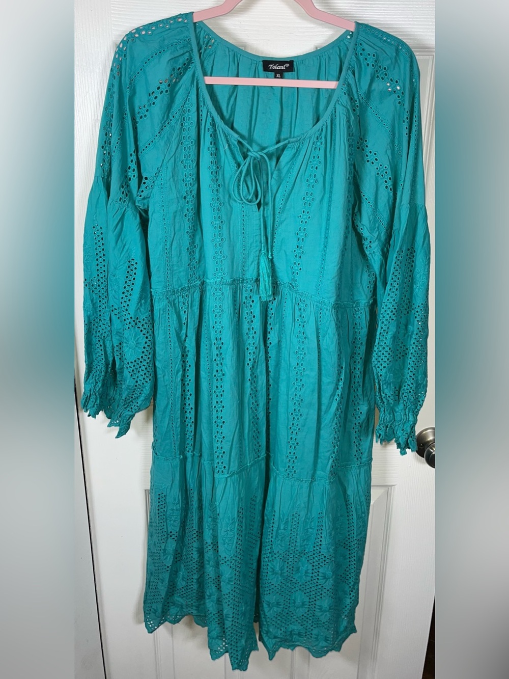 Women’s Sundance by Tolani Turquoise Midi Eyelet Dress 3/4 Sleeves XL Cotton